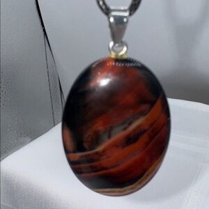 Sardonyx necklace, natural stone 1.75” pendant on a9” cord, black and burnt red